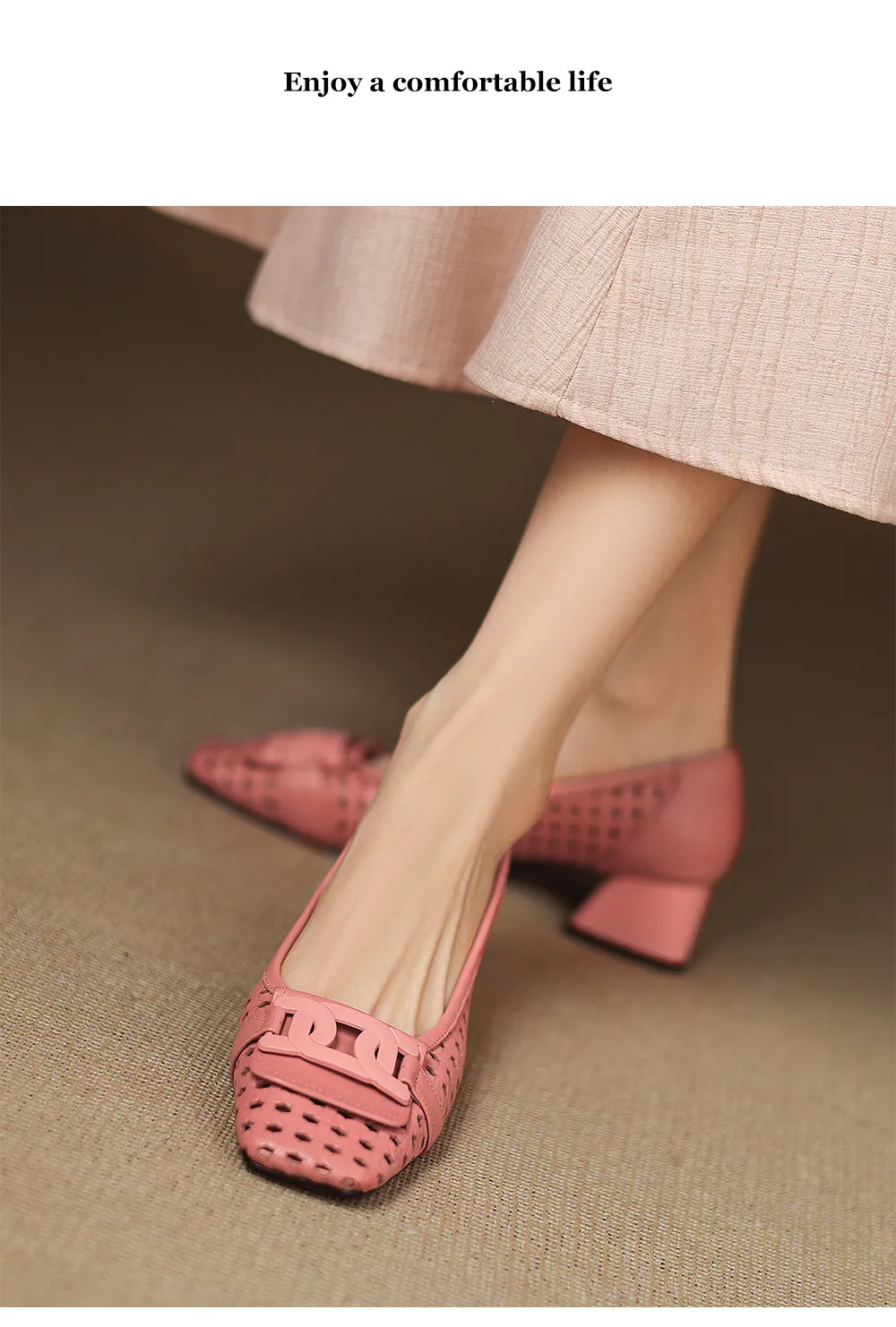 Our top-selling spring/summer style square-toe chunky heel women's shoes with hollowed-out solid color and comfortable cowhide leather.