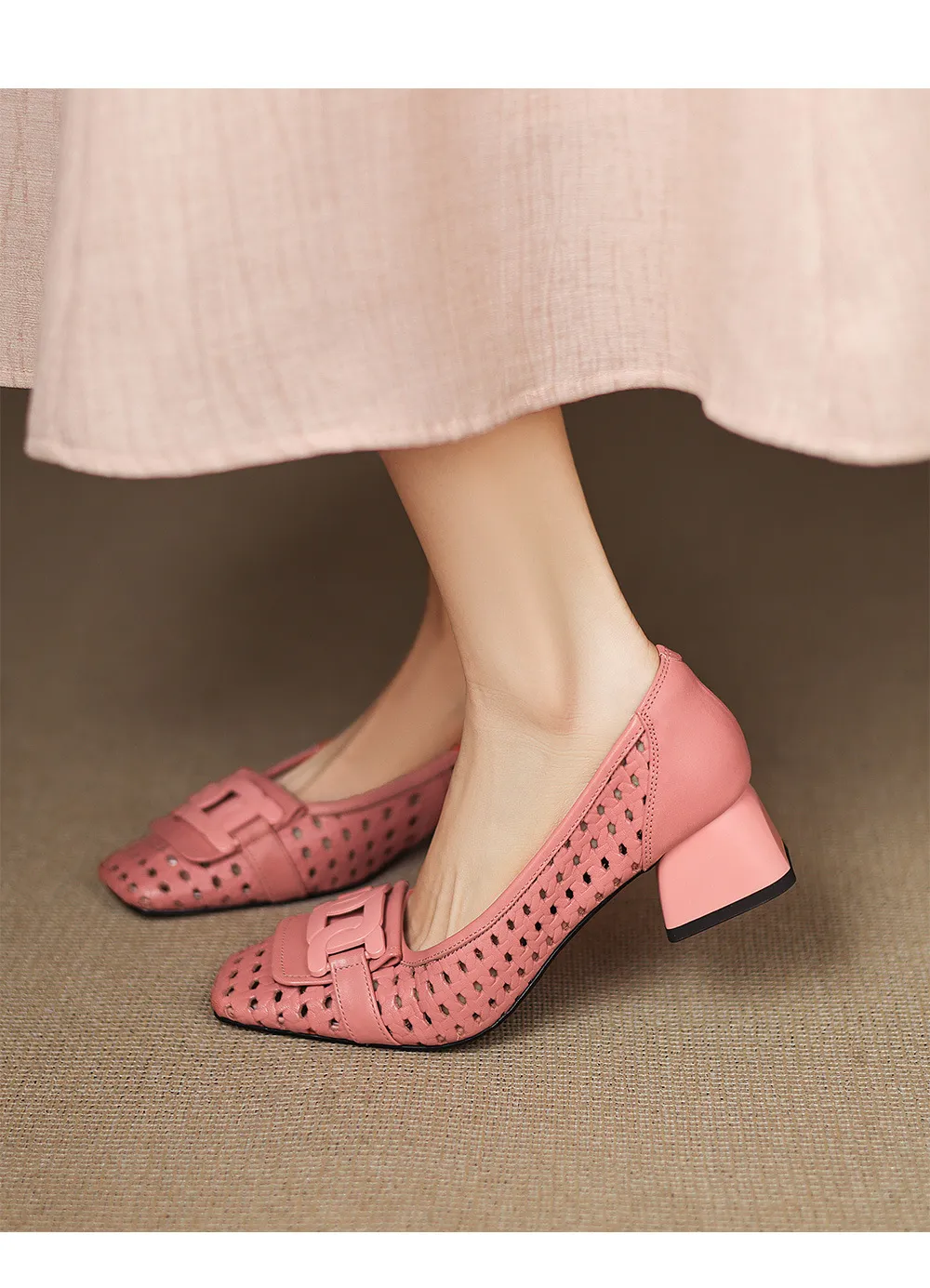Our top-selling spring/summer style square-toe chunky heel women's shoes with hollowed-out solid color and comfortable cowhide leather.