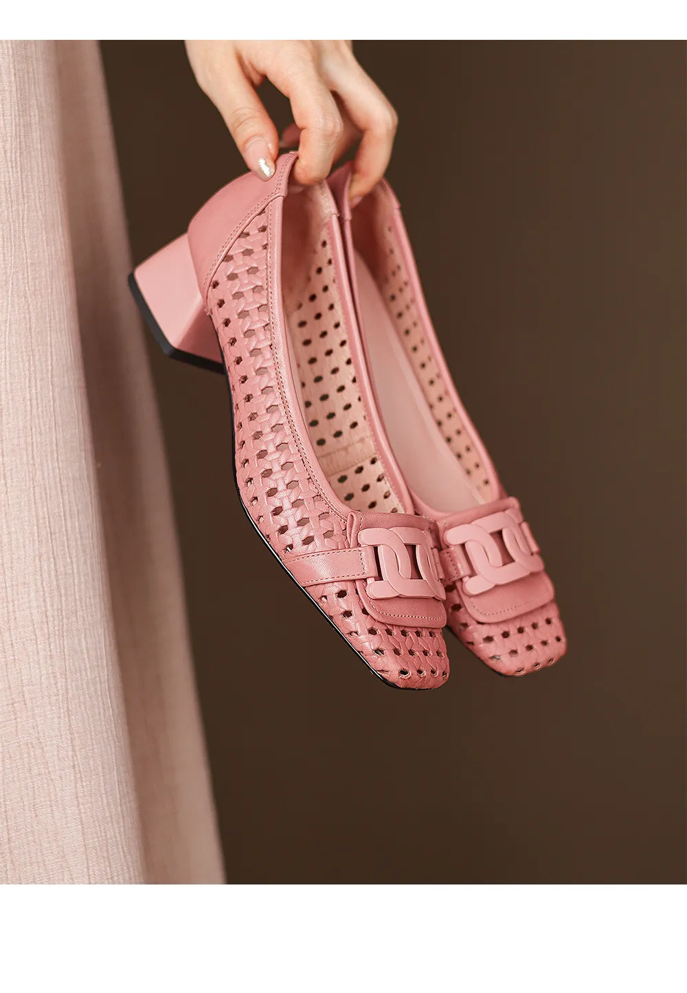 Our top-selling spring/summer style square-toe chunky heel women's shoes with hollowed-out solid color and comfortable cowhide leather.