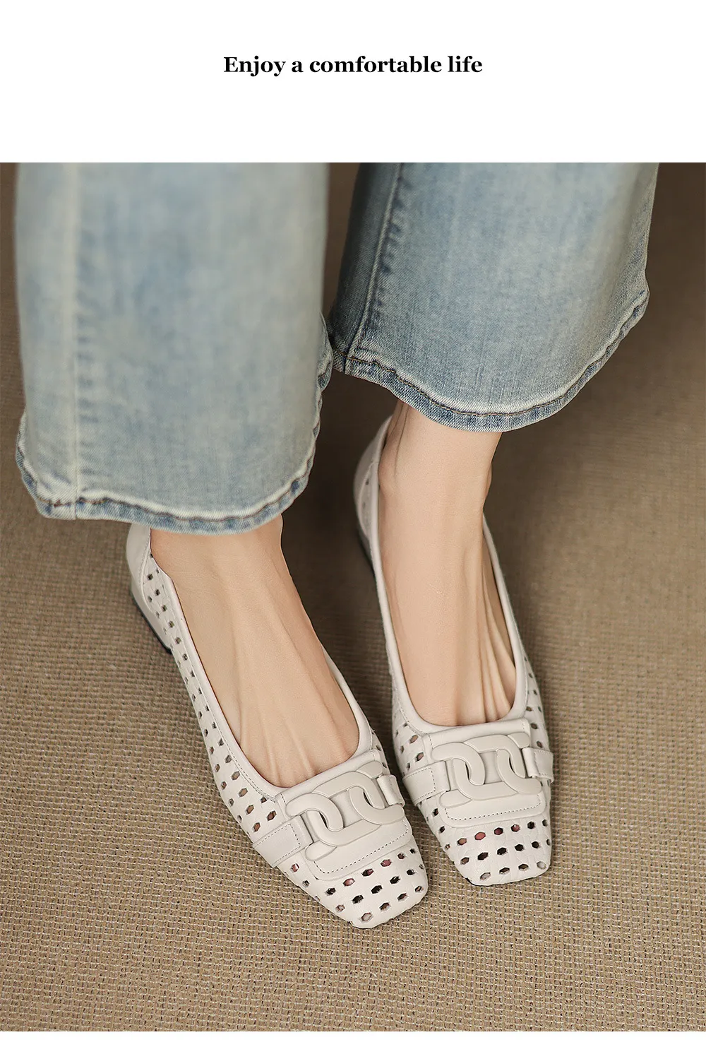 Our top-selling spring/summer style square-toe chunky heel women's shoes with hollowed-out solid color and comfortable cowhide leather.