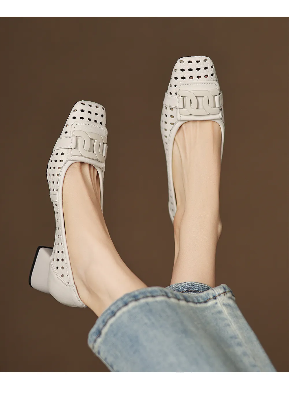 Our top-selling spring/summer style square-toe chunky heel women's shoes with hollowed-out solid color and comfortable cowhide leather.