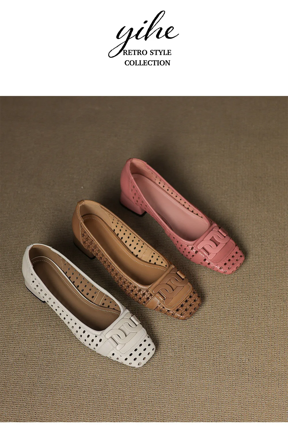 Our top-selling spring/summer style square-toe chunky heel women's shoes with hollowed-out solid color and comfortable cowhide leather.
