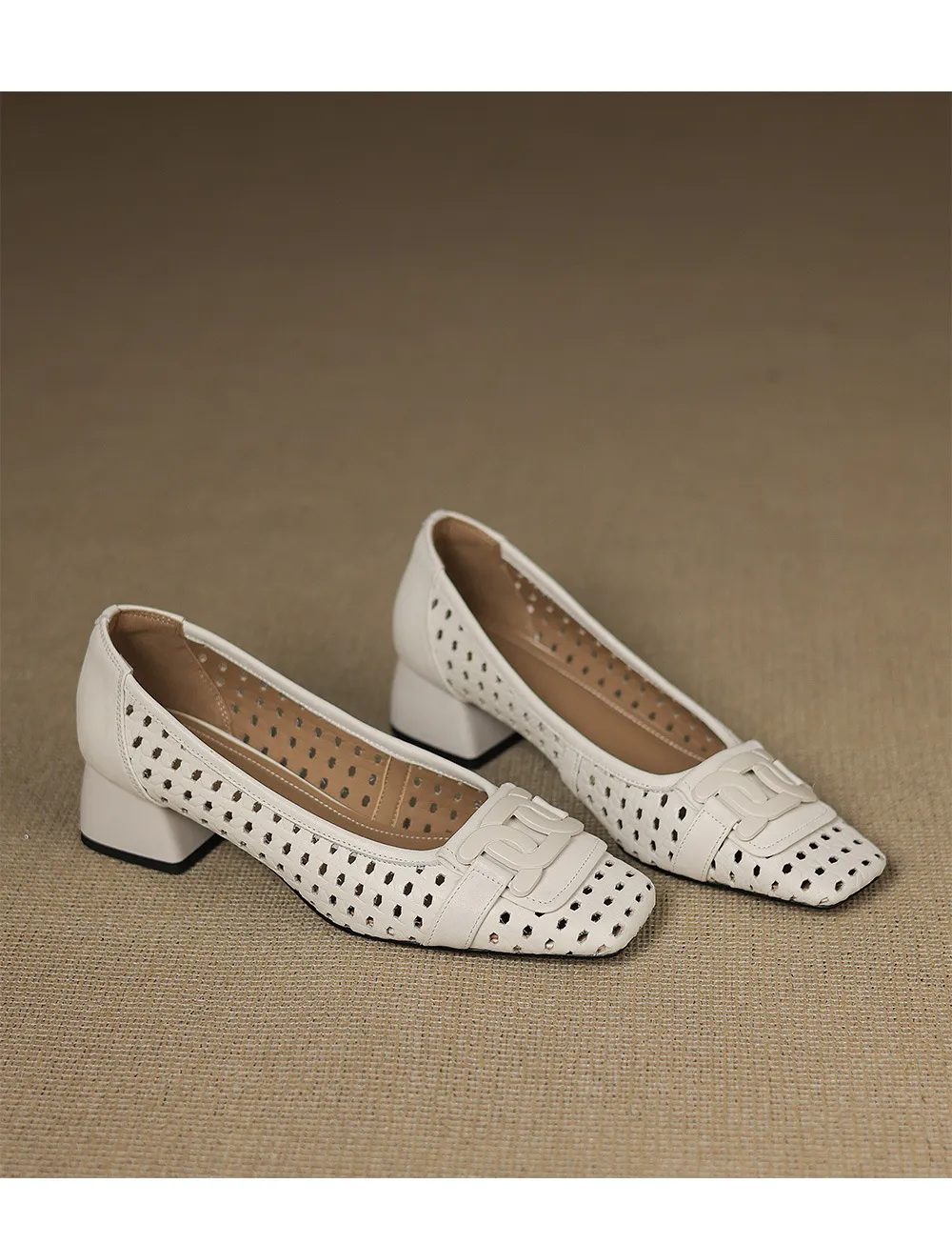 Our top-selling spring/summer style square-toe chunky heel women's shoes with hollowed-out solid color and comfortable cowhide leather.