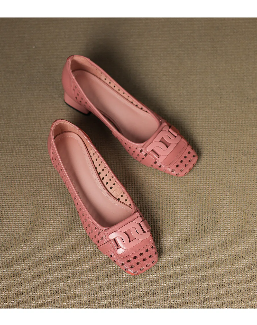Our top-selling spring/summer style square-toe chunky heel women's shoes with hollowed-out solid color and comfortable cowhide leather.