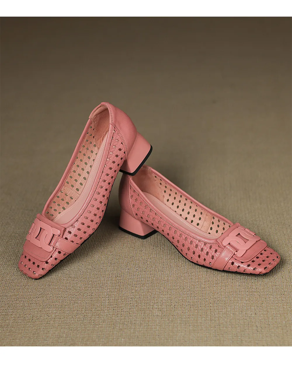 Our top-selling spring/summer style square-toe chunky heel women's shoes with hollowed-out solid color and comfortable cowhide leather.