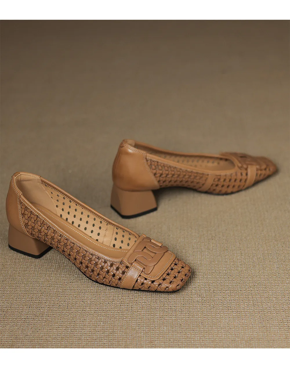 Our top-selling spring/summer style square-toe chunky heel women's shoes with hollowed-out solid color and comfortable cowhide leather.