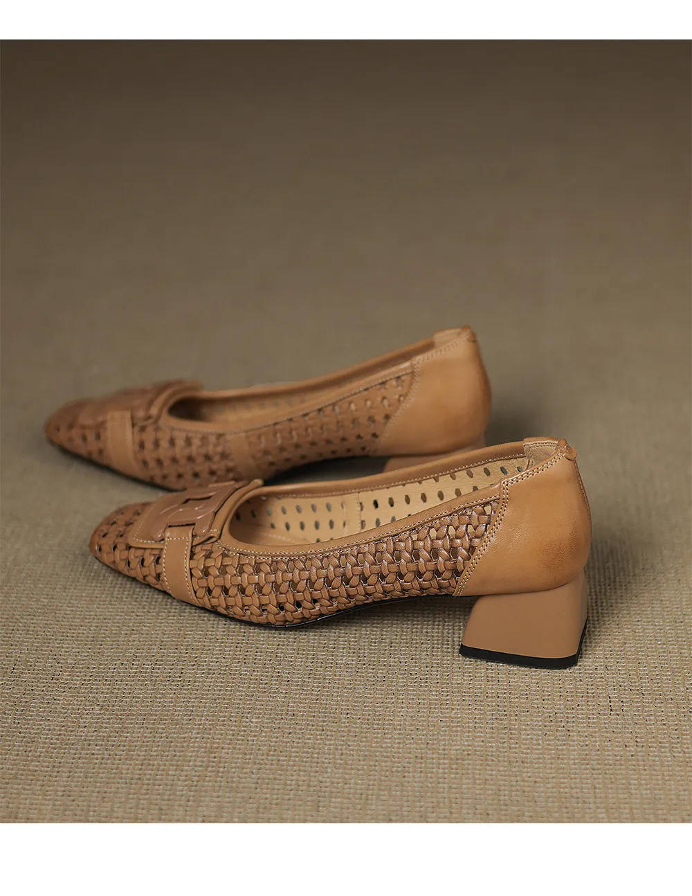Our top-selling spring/summer style square-toe chunky heel women's shoes with hollowed-out solid color and comfortable cowhide leather.