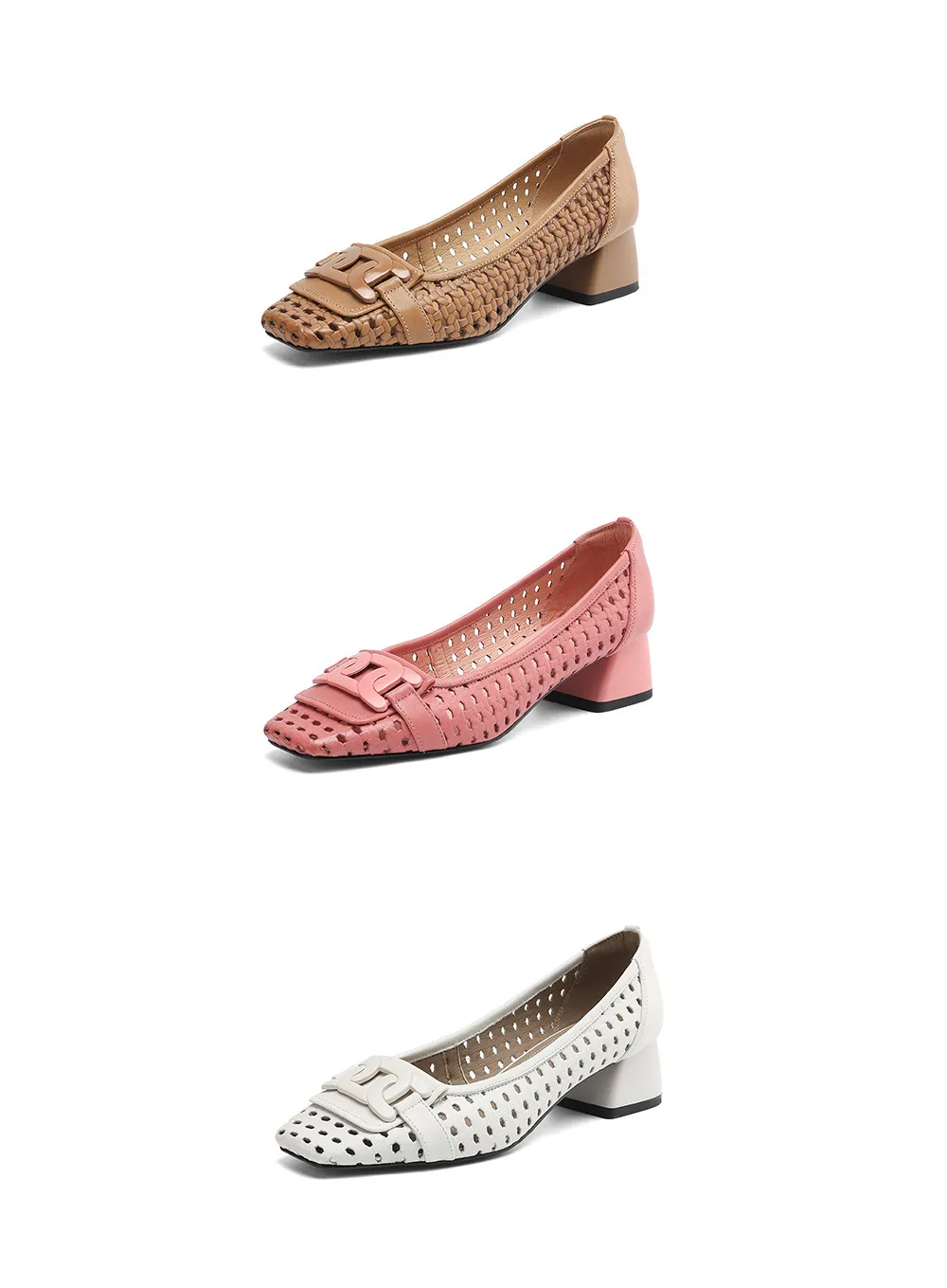 Our top-selling spring/summer style square-toe chunky heel women's shoes with hollowed-out solid color and comfortable cowhide leather.