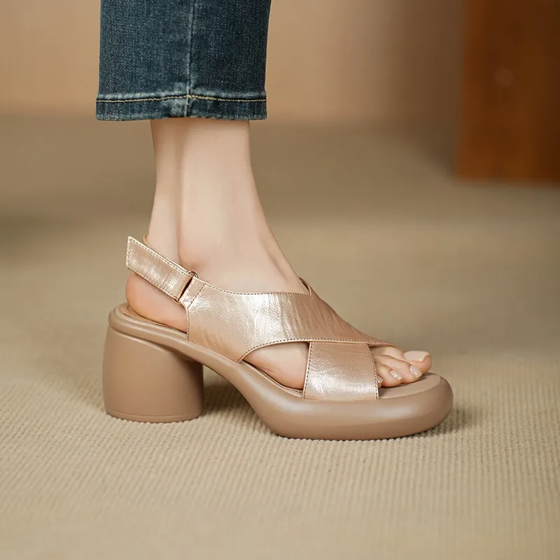 Spring/Summer platform chunky heel high-heeled sandals, open-toe, comfortable cowhide fashion shoes for women.