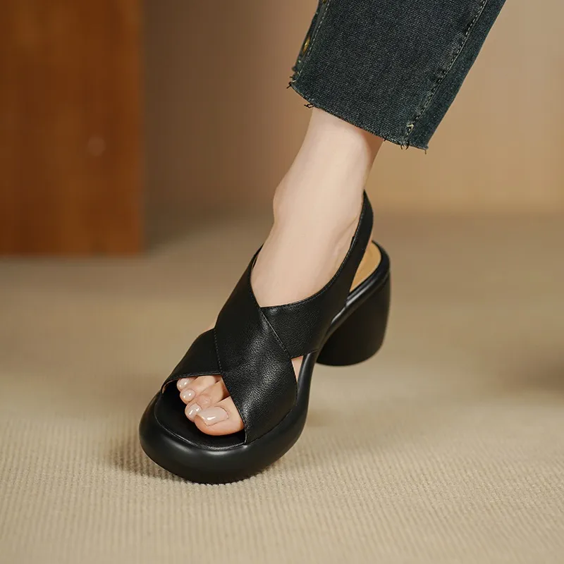 Spring/Summer platform chunky heel high-heeled sandals, open-toe, comfortable cowhide fashion shoes for women.