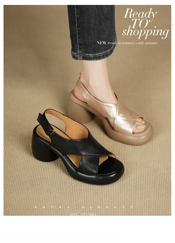 Spring/Summer platform chunky heel high-heeled sandals, open-toe, comfortable cowhide fashion shoes for women.