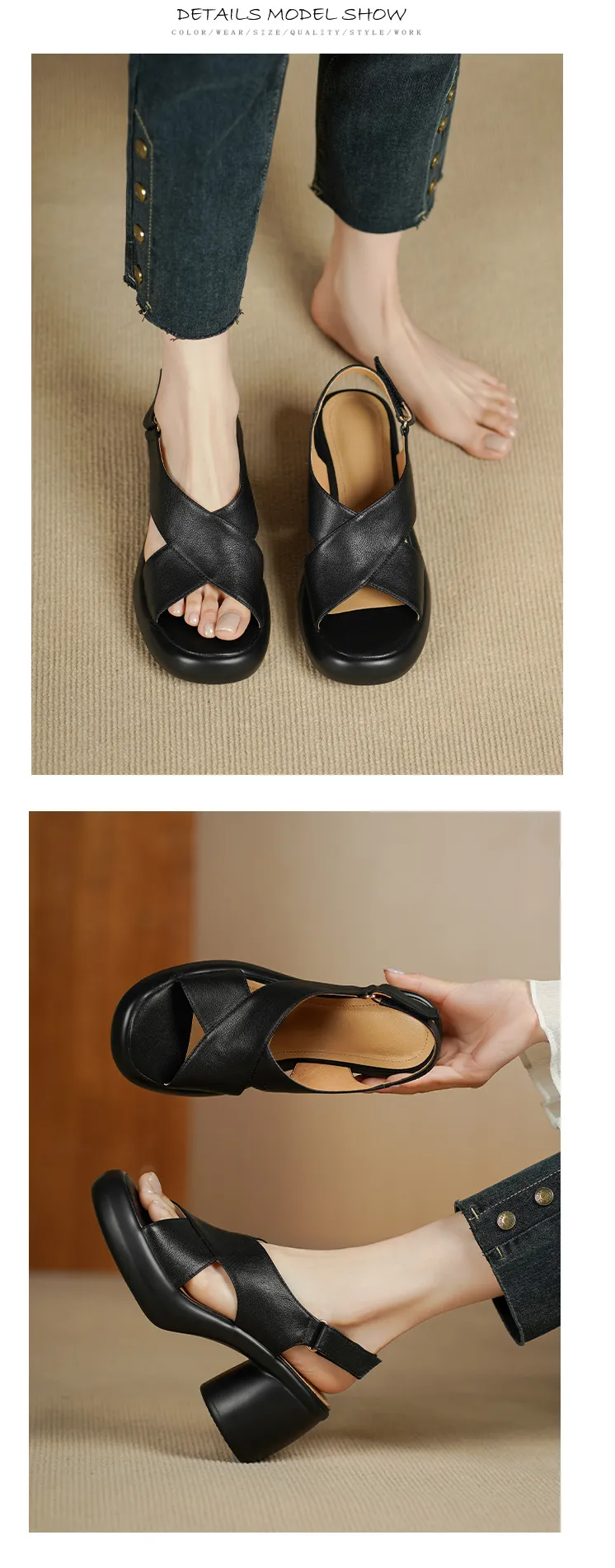 Spring/Summer platform chunky heel high-heeled sandals, open-toe, comfortable cowhide fashion shoes for women.