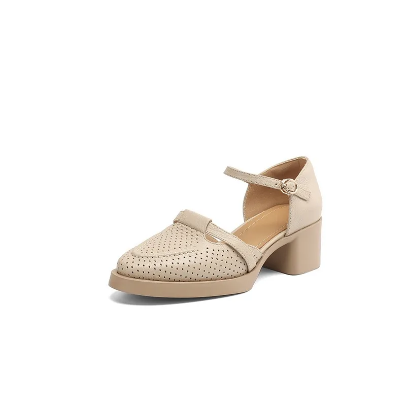 Spring/Summer Round Toe Sandals with Hollow Out Buckle and Perforated Sheepskin Fashion Women's Shoes