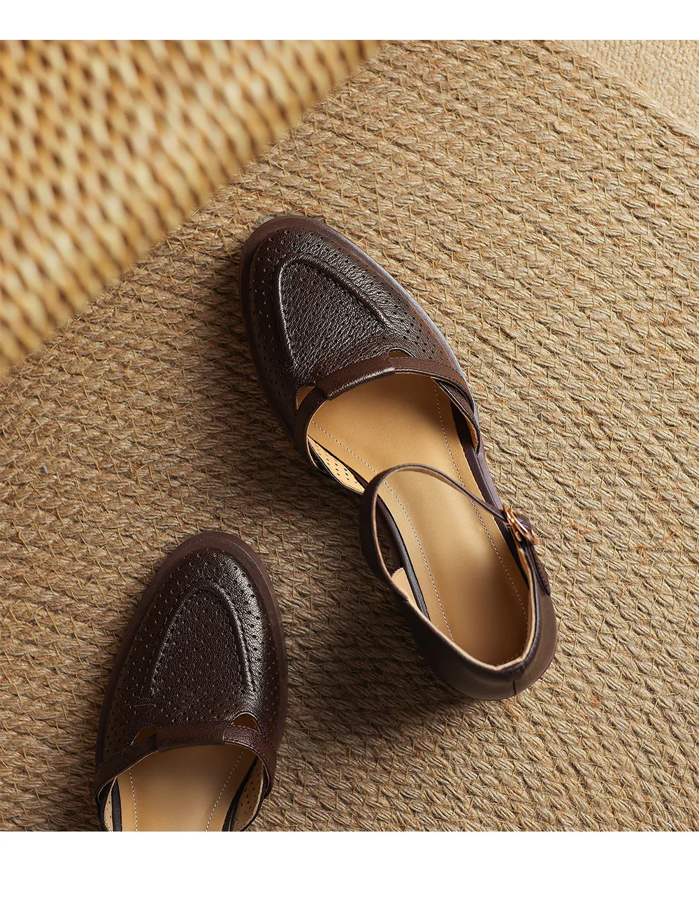 Spring/Summer Round Toe Sandals with Hollow Out Buckle and Perforated Sheepskin Fashion Women's Shoes