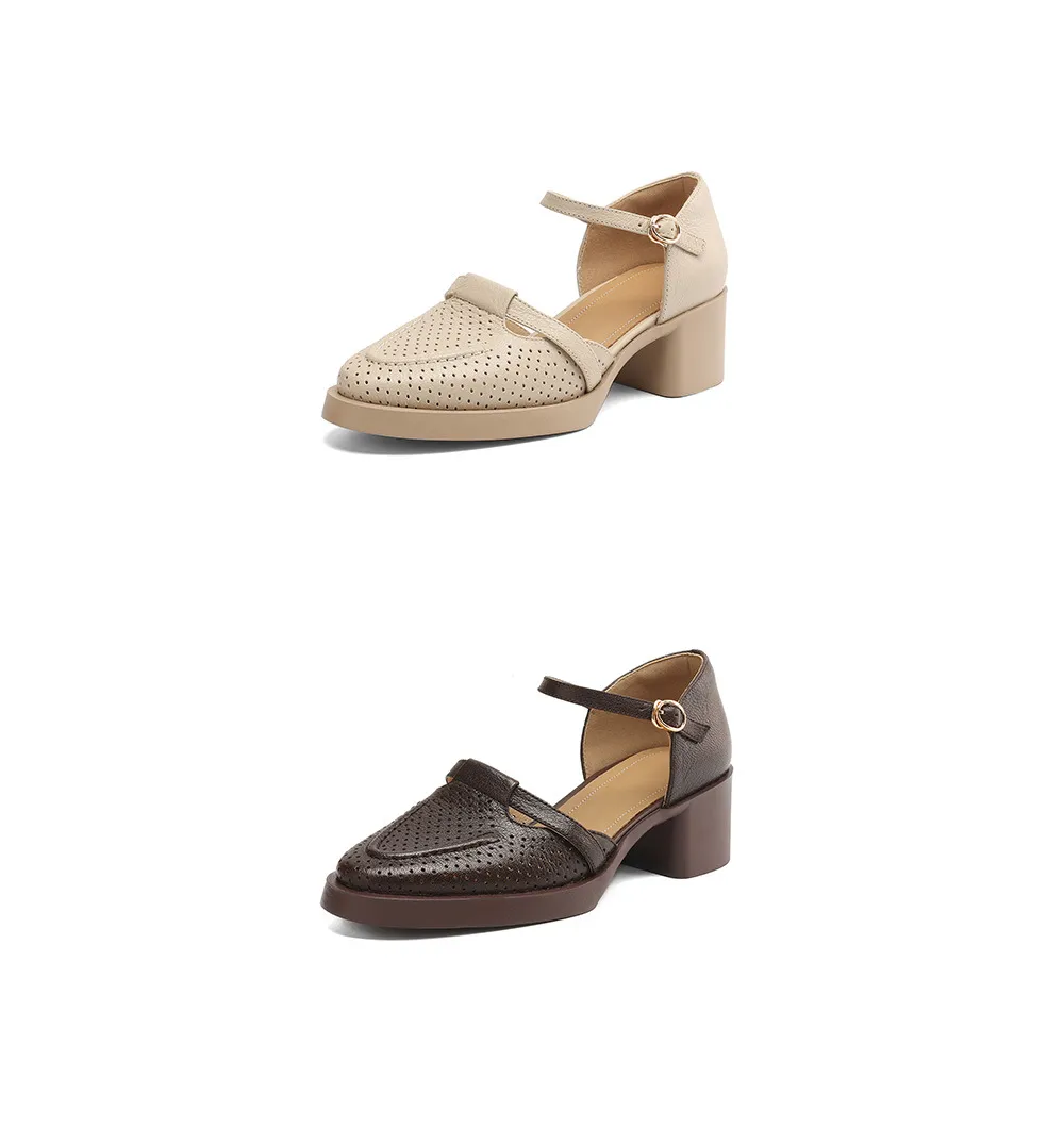 Spring/Summer Round Toe Sandals with Hollow Out Buckle and Perforated Sheepskin Fashion Women's Shoes