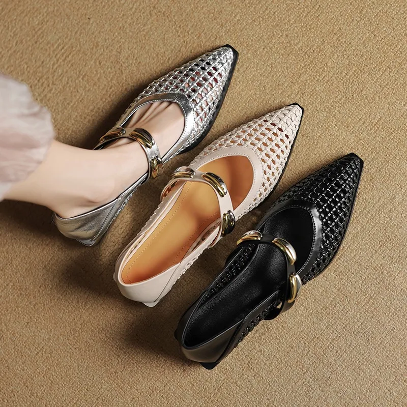 Spring/Summer Openwork Sandals with Rivets, Pointed Toe, Chunky Heel, Comfortable Women's Shoes