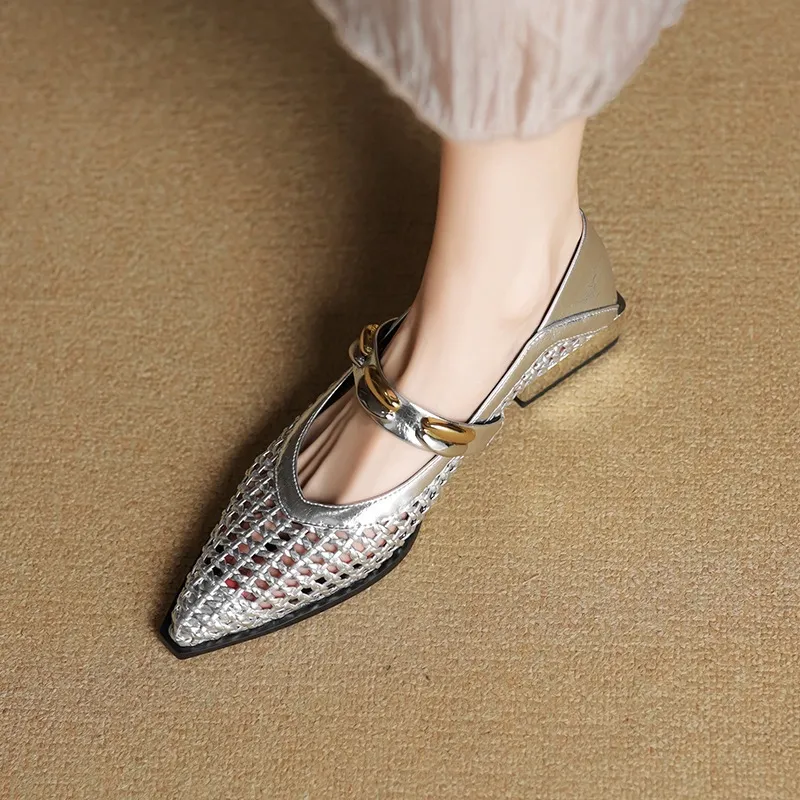 Spring/Summer Openwork Sandals with Rivets, Pointed Toe, Chunky Heel, Comfortable Women's Shoes