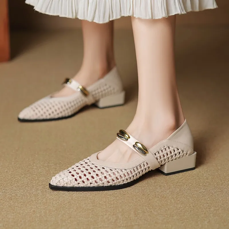 Spring/Summer Openwork Sandals with Rivets, Pointed Toe, Chunky Heel, Comfortable Women's Shoes