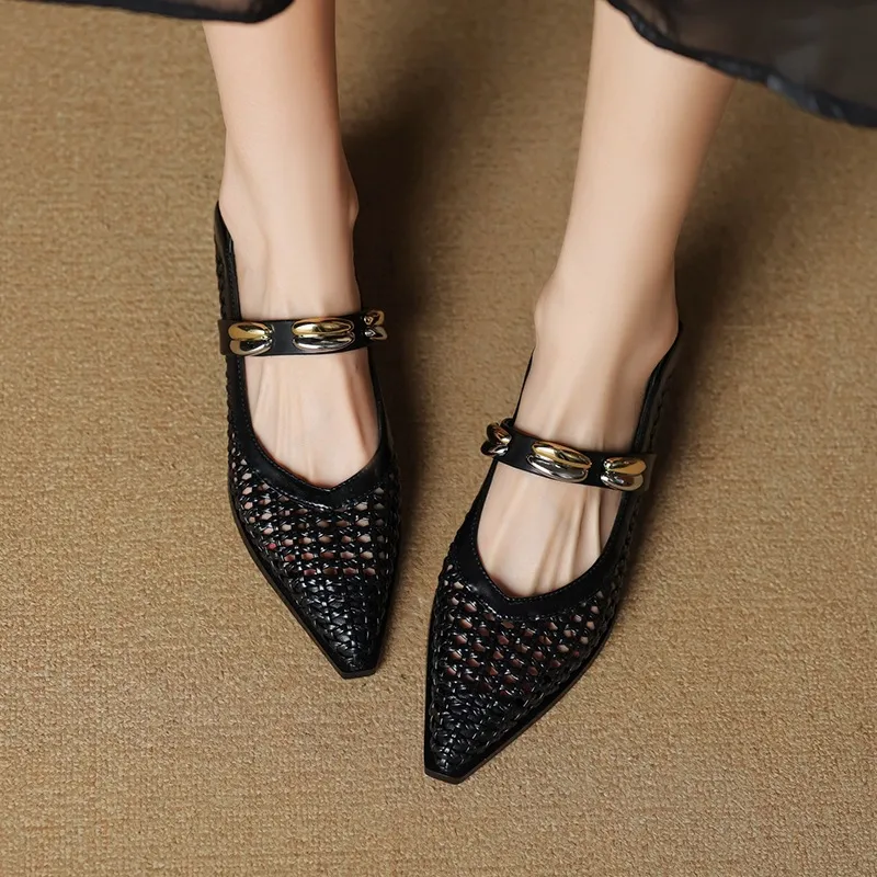 Spring/Summer Openwork Sandals with Rivets, Pointed Toe, Chunky Heel, Comfortable Women's Shoes