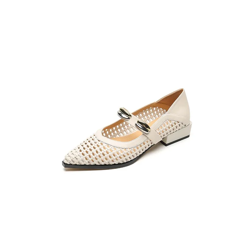 Spring/Summer Openwork Sandals with Rivets, Pointed Toe, Chunky Heel, Comfortable Women's Shoes