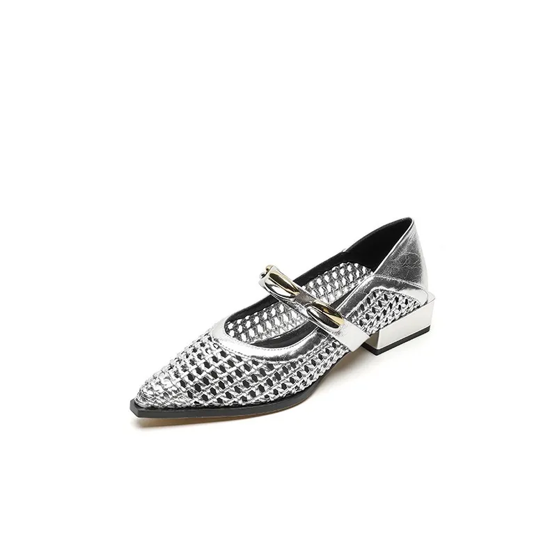 Spring/Summer Openwork Sandals with Rivets, Pointed Toe, Chunky Heel, Comfortable Women's Shoes