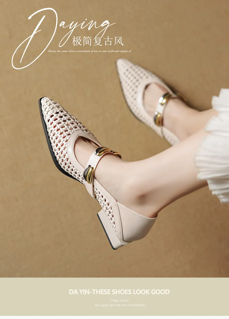 Spring/Summer Openwork Sandals with Rivets, Pointed Toe, Chunky Heel, Comfortable Women's Shoes