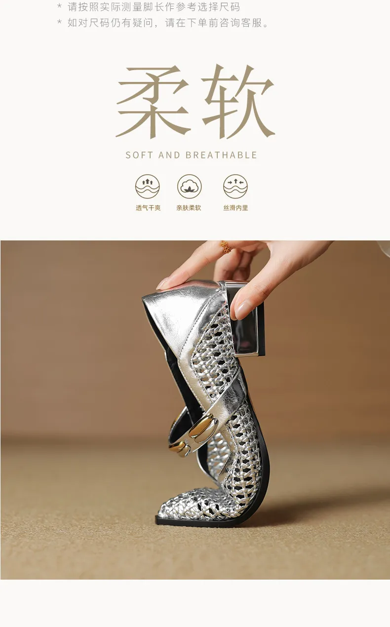Spring/Summer Openwork Sandals with Rivets, Pointed Toe, Chunky Heel, Comfortable Women's Shoes