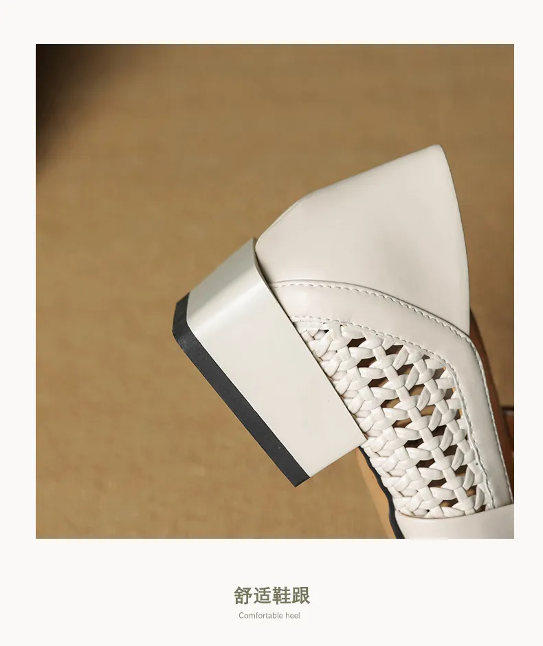 Spring/Summer Openwork Sandals with Rivets, Pointed Toe, Chunky Heel, Comfortable Women's Shoes