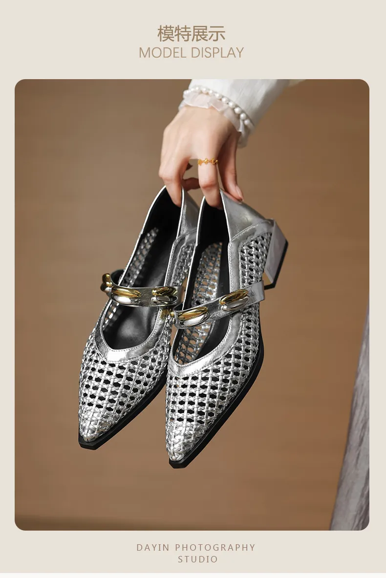 Spring/Summer Openwork Sandals with Rivets, Pointed Toe, Chunky Heel, Comfortable Women's Shoes