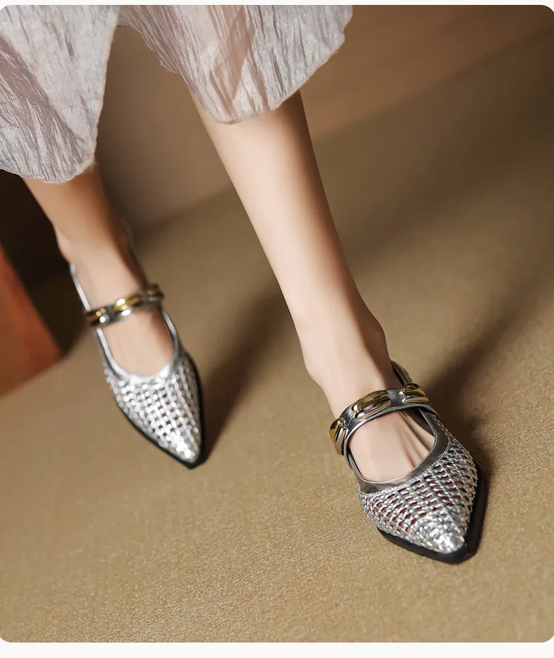 Spring/Summer Openwork Sandals with Rivets, Pointed Toe, Chunky Heel, Comfortable Women's Shoes