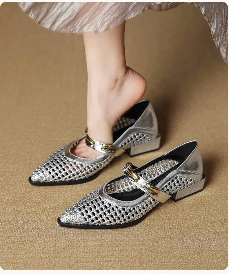 Spring/Summer Openwork Sandals with Rivets, Pointed Toe, Chunky Heel, Comfortable Women's Shoes