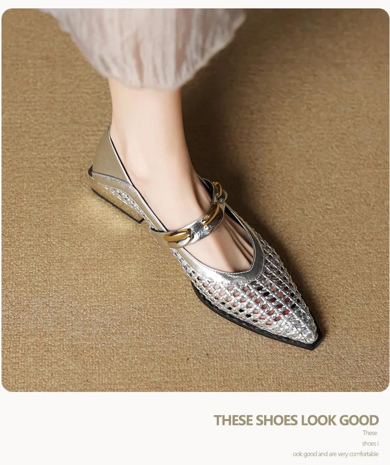 Spring/Summer Openwork Sandals with Rivets, Pointed Toe, Chunky Heel, Comfortable Women's Shoes