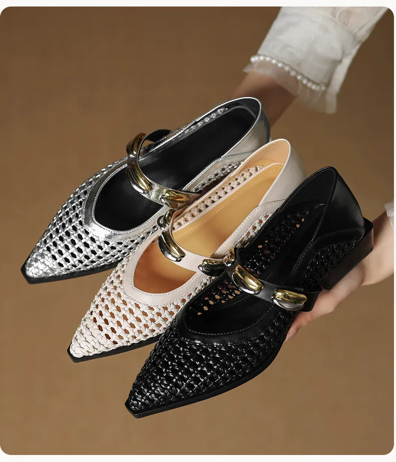 Spring/Summer Openwork Sandals with Rivets, Pointed Toe, Chunky Heel, Comfortable Women's Shoes