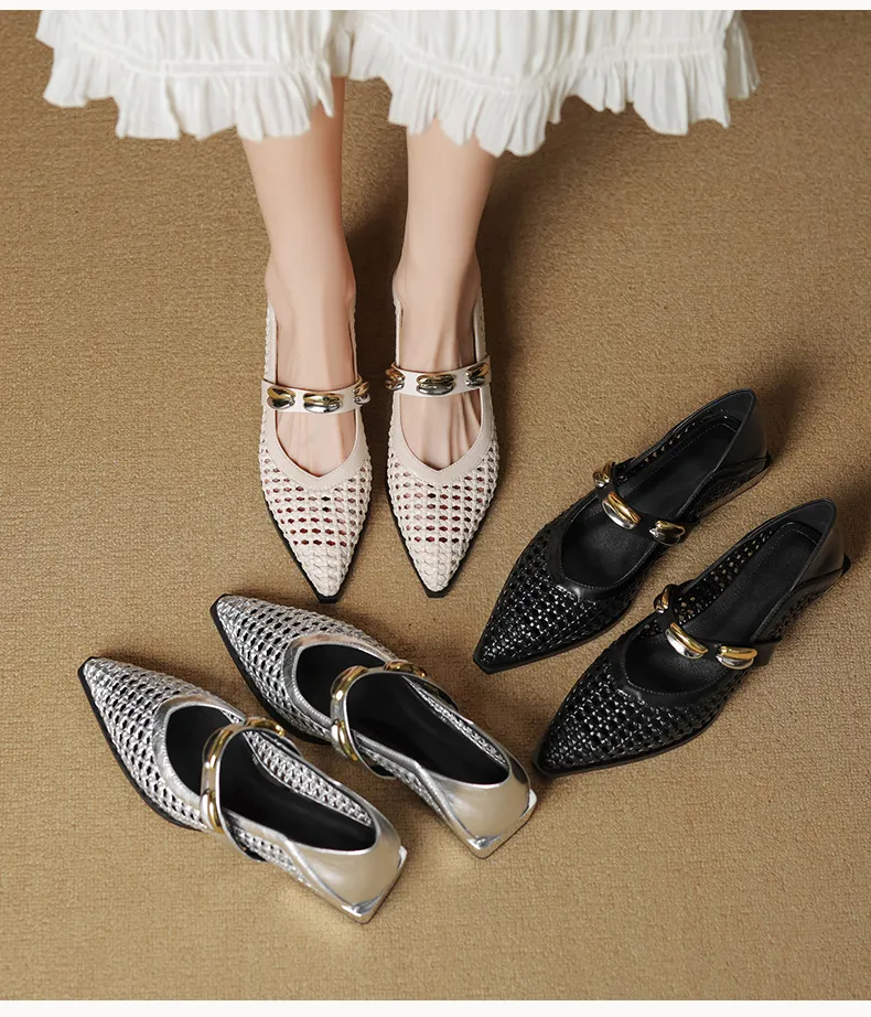 Spring/Summer Openwork Sandals with Rivets, Pointed Toe, Chunky Heel, Comfortable Women's Shoes