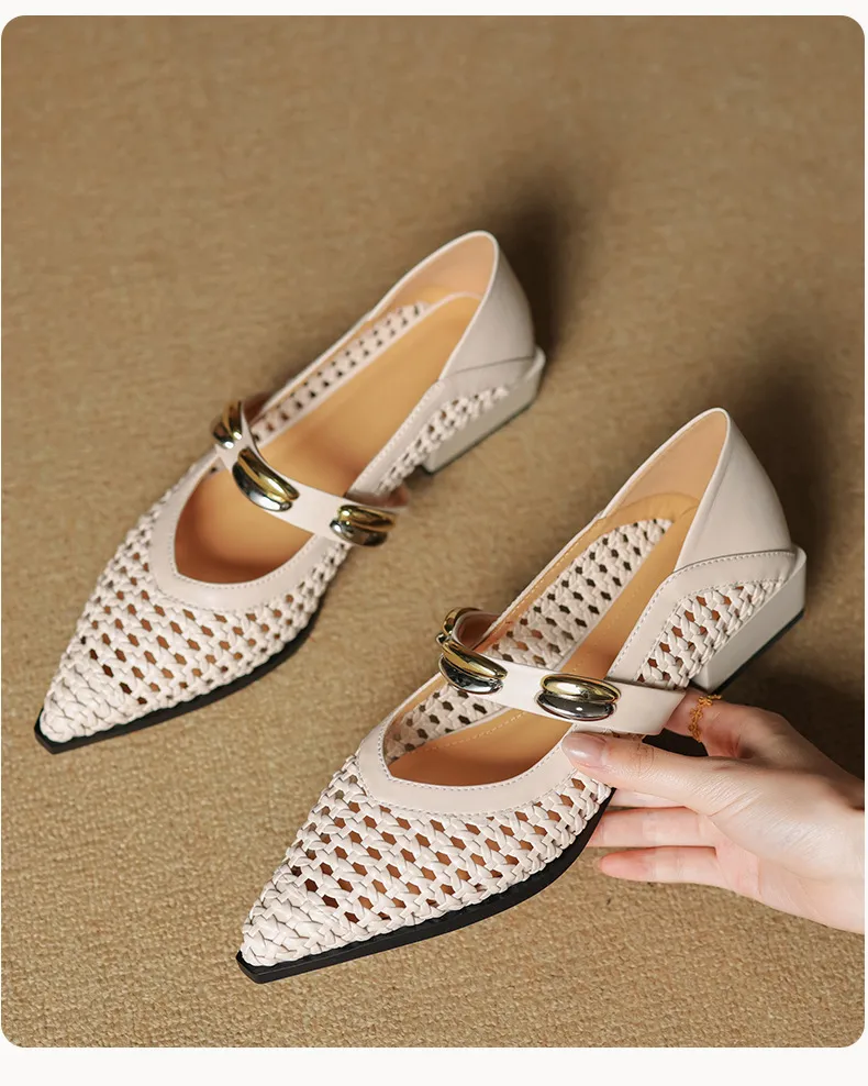 Spring/Summer Openwork Sandals with Rivets, Pointed Toe, Chunky Heel, Comfortable Women's Shoes