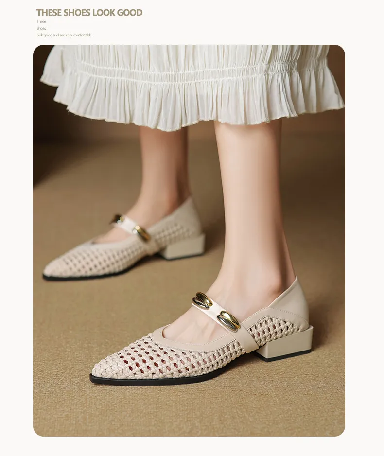Spring/Summer Openwork Sandals with Rivets, Pointed Toe, Chunky Heel, Comfortable Women's Shoes