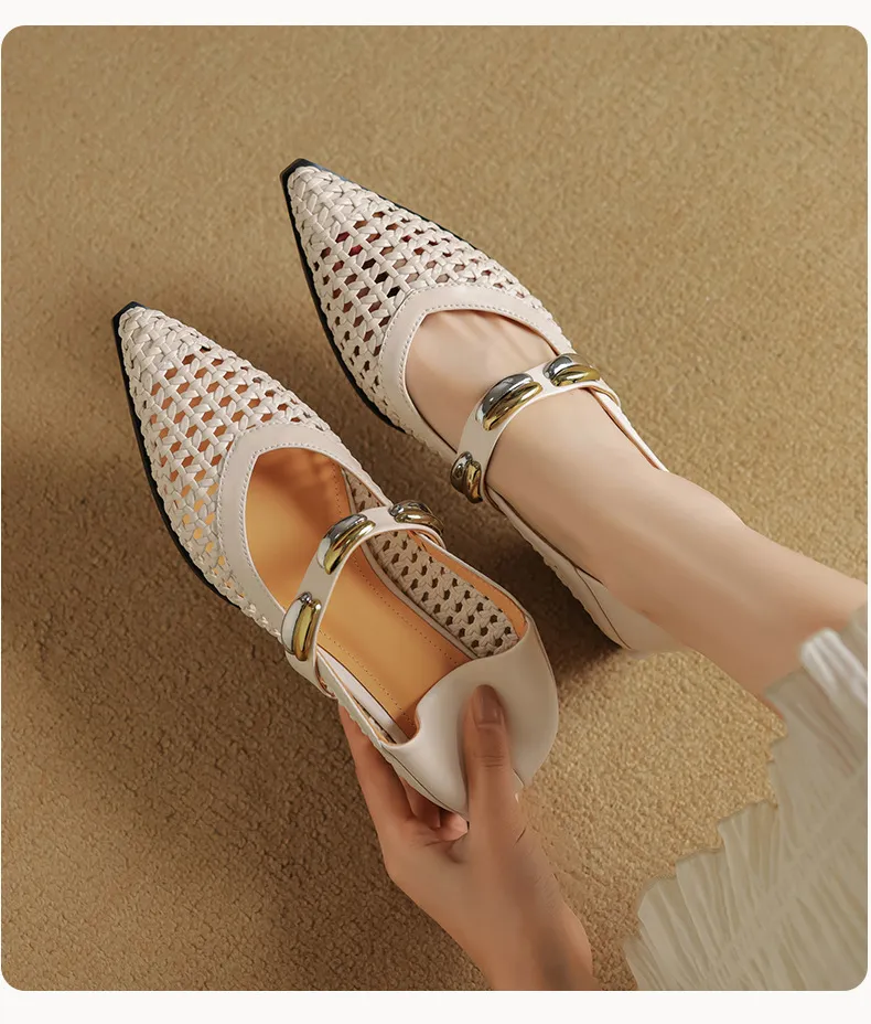 Spring/Summer Openwork Sandals with Rivets, Pointed Toe, Chunky Heel, Comfortable Women's Shoes