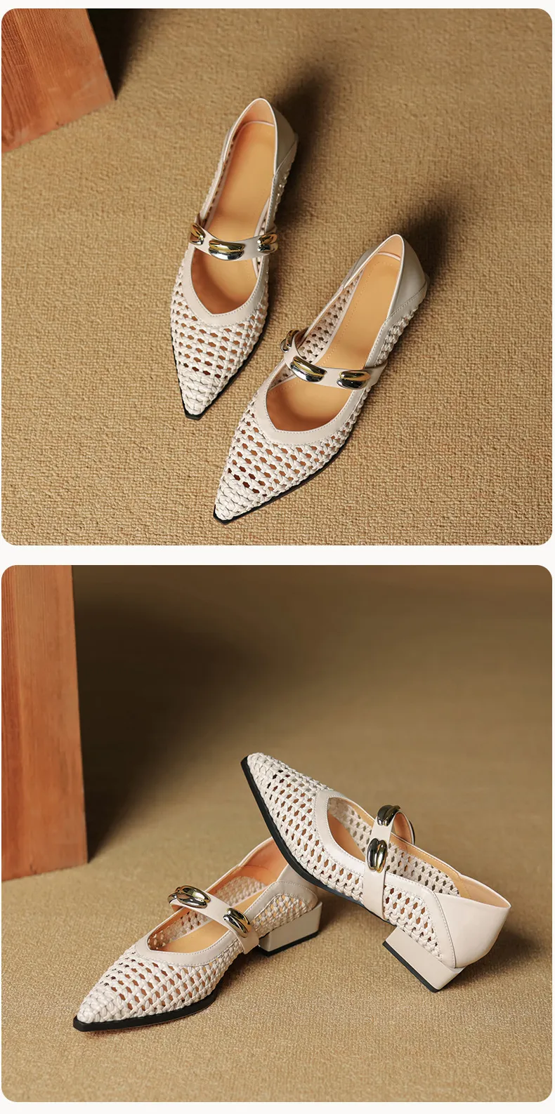 Spring/Summer Openwork Sandals with Rivets, Pointed Toe, Chunky Heel, Comfortable Women's Shoes