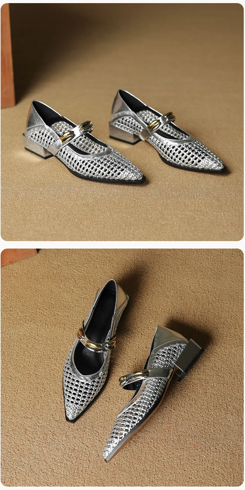Spring/Summer Openwork Sandals with Rivets, Pointed Toe, Chunky Heel, Comfortable Women's Shoes