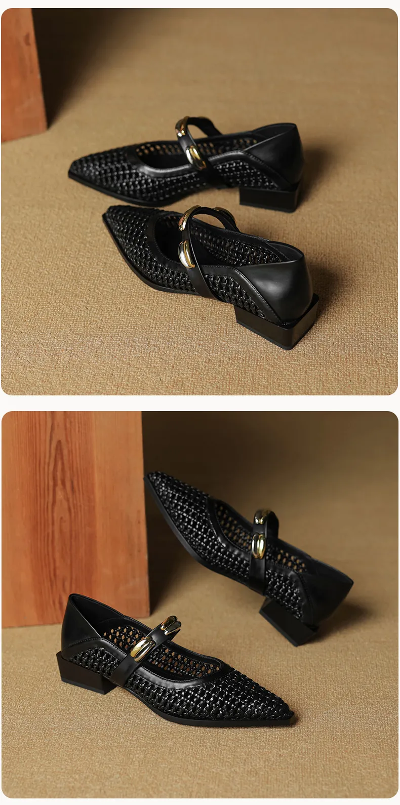 Spring/Summer Openwork Sandals with Rivets, Pointed Toe, Chunky Heel, Comfortable Women's Shoes