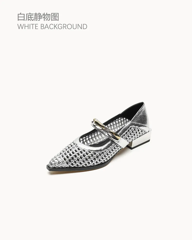 Spring/Summer Openwork Sandals with Rivets, Pointed Toe, Chunky Heel, Comfortable Women's Shoes