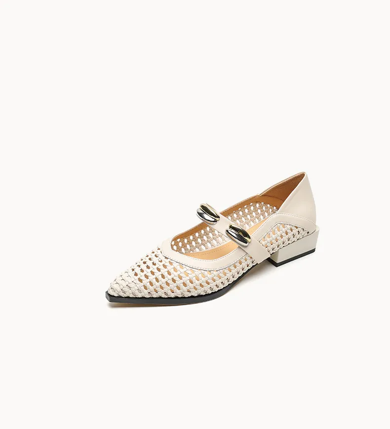 Spring/Summer Openwork Sandals with Rivets, Pointed Toe, Chunky Heel, Comfortable Women's Shoes