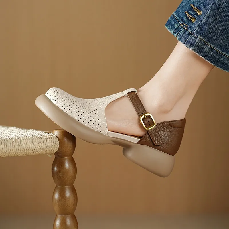 Spring/Summer Round Toe Color Block Sandals with Hollow Out Buckle Fashion Sheepskin Women's Shoes