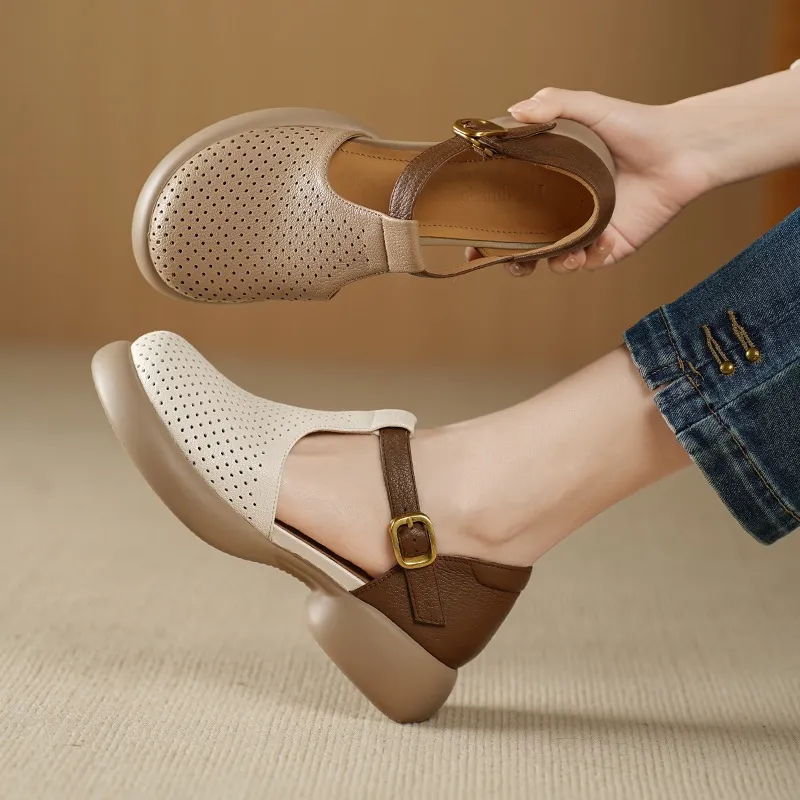 Spring/Summer Round Toe Color Block Sandals with Hollow Out Buckle Fashion Sheepskin Women's Shoes