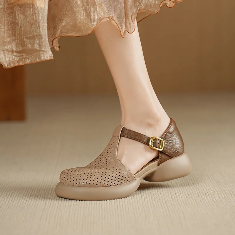 Spring/Summer Round Toe Color Block Sandals with Hollow Out Buckle Fashion Sheepskin Women's Shoes