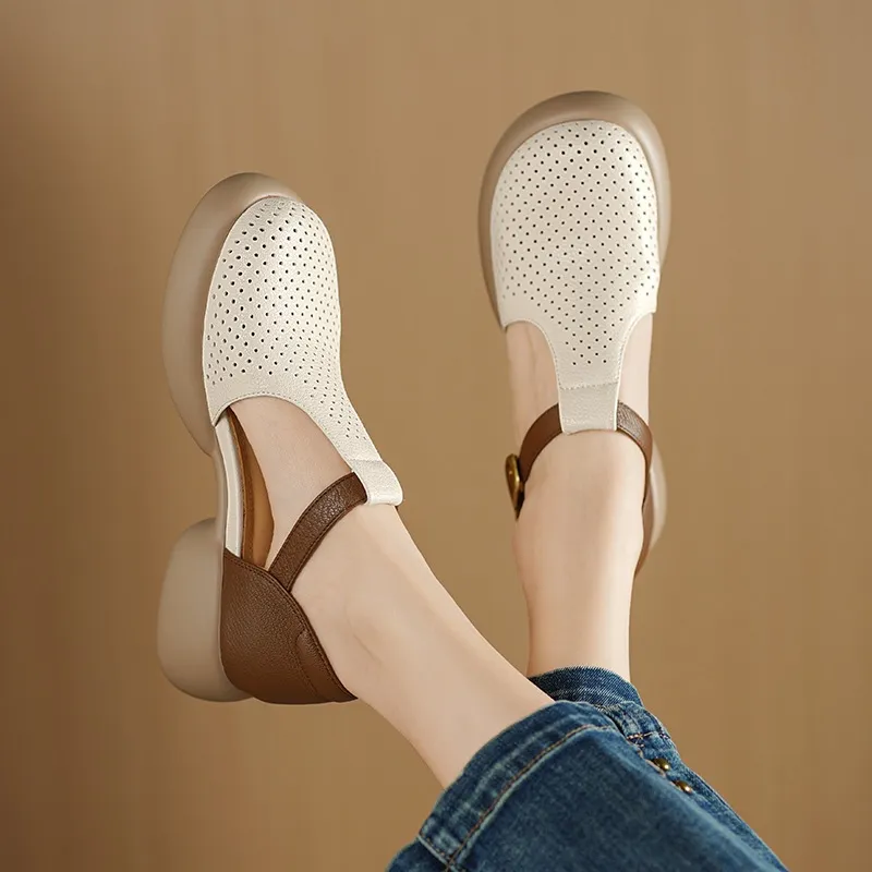 Spring/Summer Round Toe Color Block Sandals with Hollow Out Buckle Fashion Sheepskin Women's Shoes
