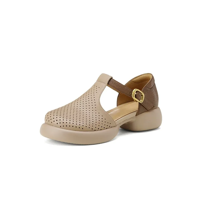 Spring/Summer Round Toe Color Block Sandals with Hollow Out Buckle Fashion Sheepskin Women's Shoes
