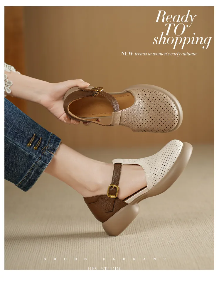 Spring/Summer Round Toe Color Block Sandals with Hollow Out Buckle Fashion Sheepskin Women's Shoes