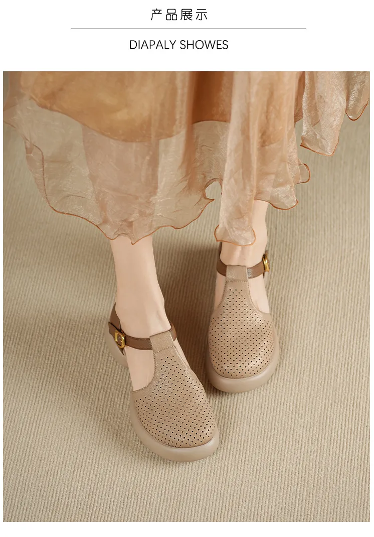 Spring/Summer Round Toe Color Block Sandals with Hollow Out Buckle Fashion Sheepskin Women's Shoes