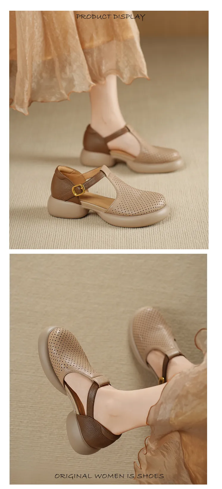 Spring/Summer Round Toe Color Block Sandals with Hollow Out Buckle Fashion Sheepskin Women's Shoes